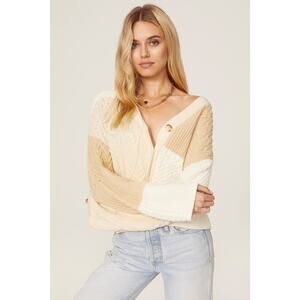 RAILS Cream Off-White Patchwork Mixed Cables V-Neck Reese Cardigan Size Xs